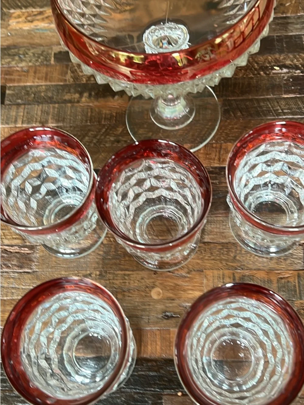 Cut Crystal Dessert Set with Ruby Red Rim - 6 Sherbets + Compote